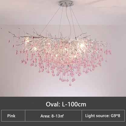 Verthara Premium Pink Crystal Princess Room Chandelier Long 100cm / blue crystal / cold  white