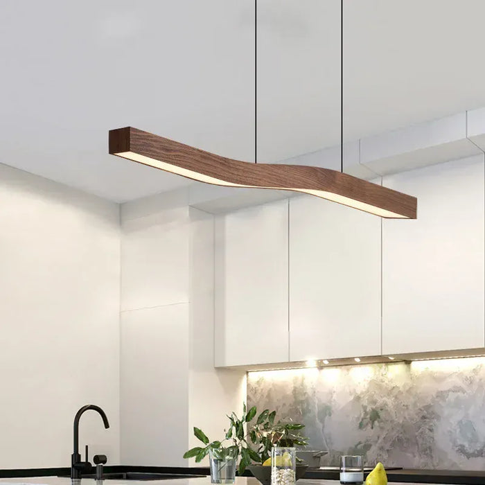 Verthara Premium Retro Linear Pendant Light with Walnut Wood Grain – Stylish Kitchen Pendant Lighting for Dining Room and Restaurant