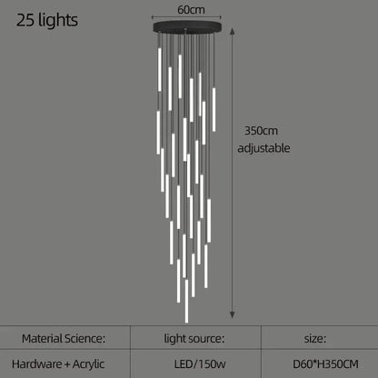 Verthara Premium Rotating Linear Acrylic Staircase Chandelier 25 lights / Black lamp body / Cold White