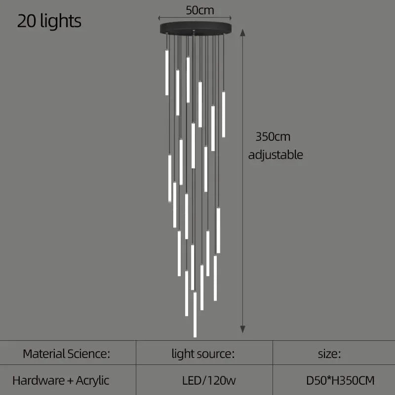 Verthara Premium Rotating Linear Acrylic Staircase Chandelier 20 lights / Black lamp body / Cold White