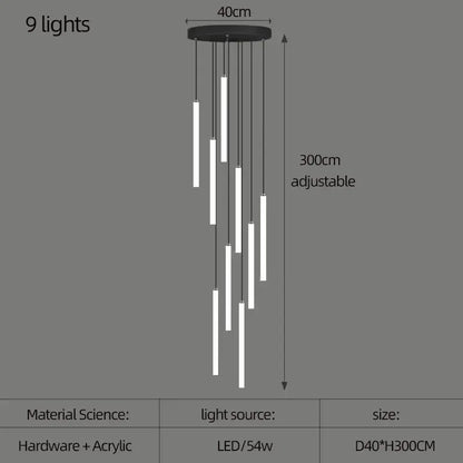 Verthara Premium Rotating Linear Acrylic Staircase Chandelier 9 lights / Black lamp body / Cold White