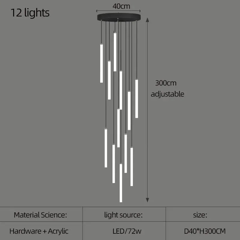 Verthara Premium Rotating Linear Acrylic Staircase Chandelier 12 lights / Black lamp body / Cold White