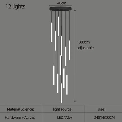 Verthara Premium Rotating Linear Acrylic Staircase Chandelier 12 lights / Black lamp body / Cold White