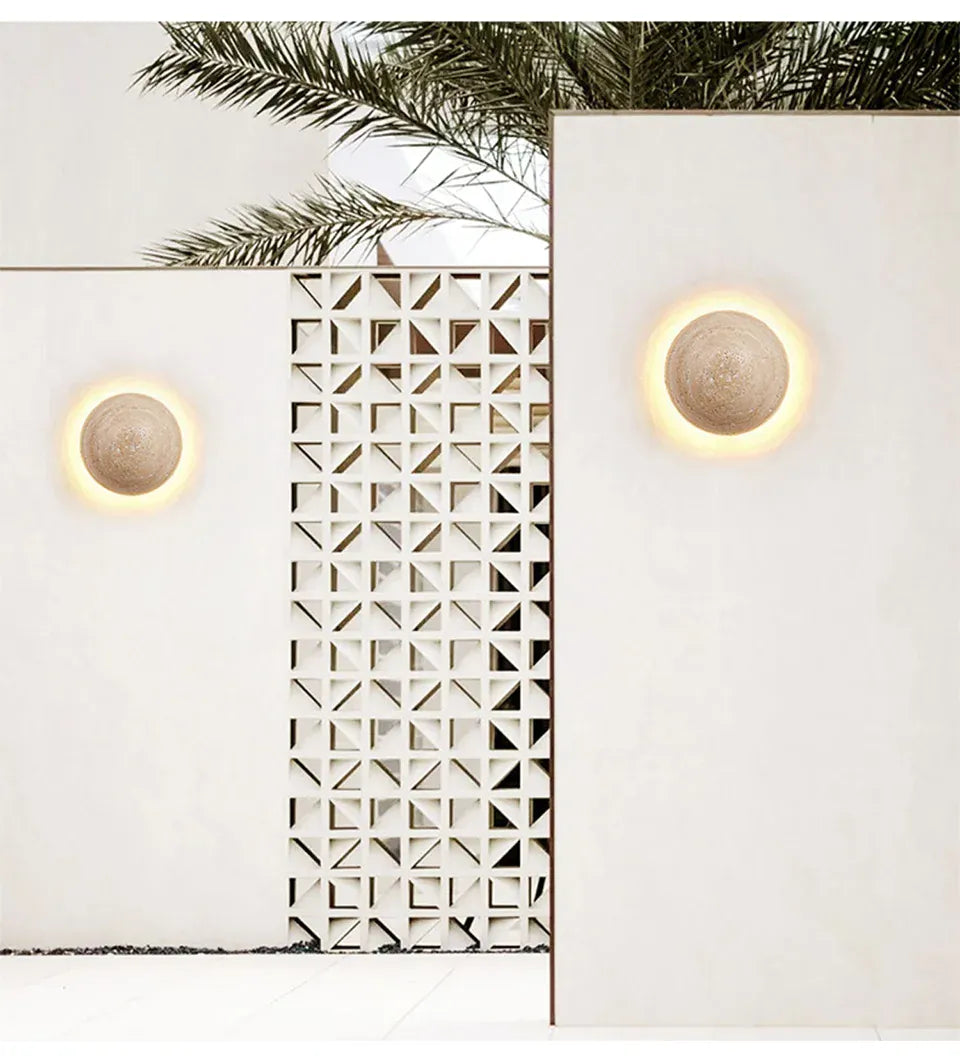Verthara Premium Round Travertine Stone Outdoor Wall Light Warm white