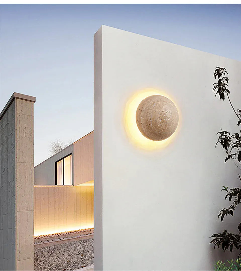 Verthara Premium Round Travertine Stone Outdoor Wall Light Warm white