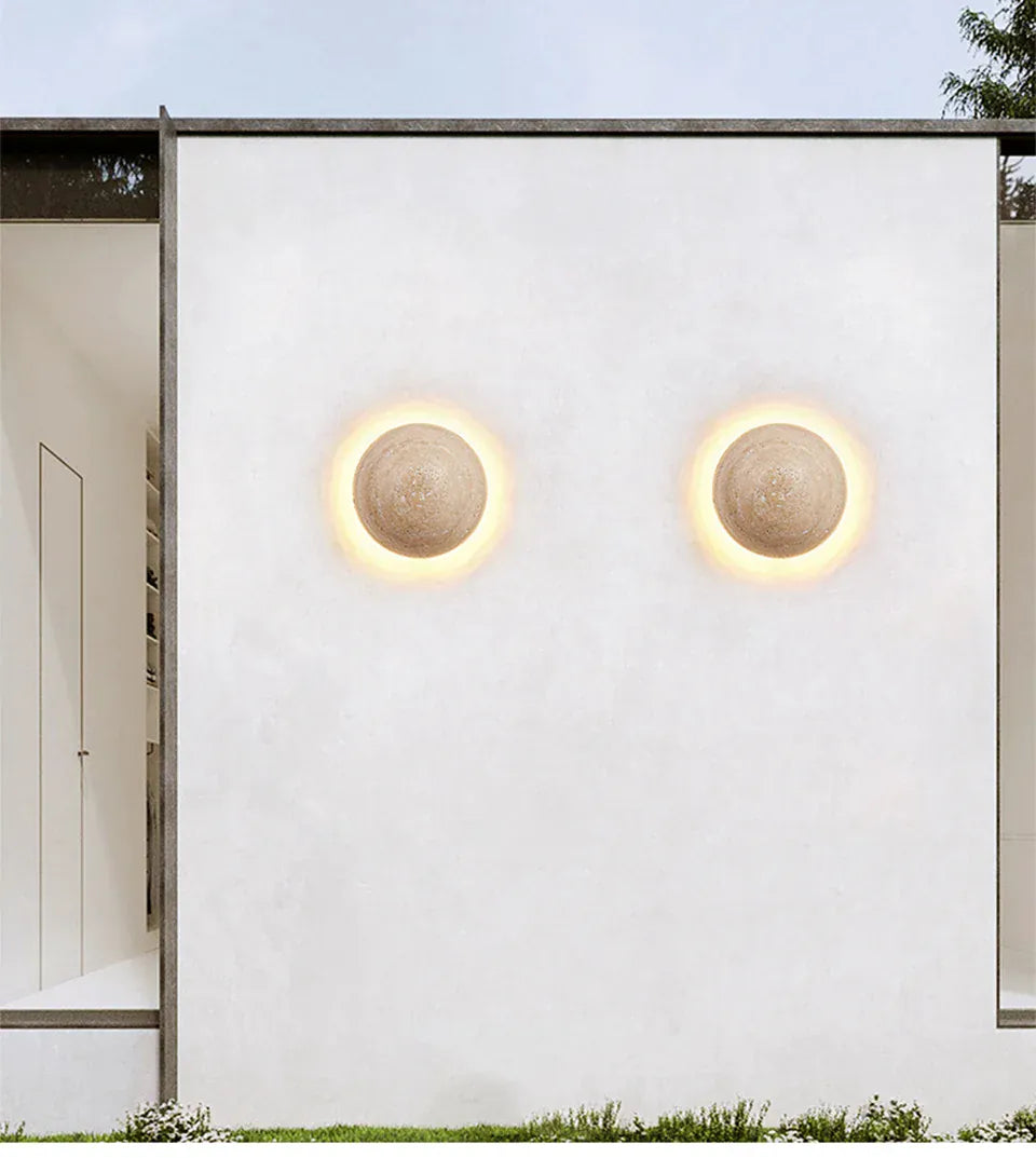 Verthara Premium Round Travertine Stone Outdoor Wall Light Warm white
