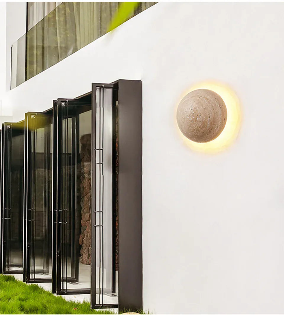 Verthara Premium Round Travertine Stone Outdoor Wall Light Warm white