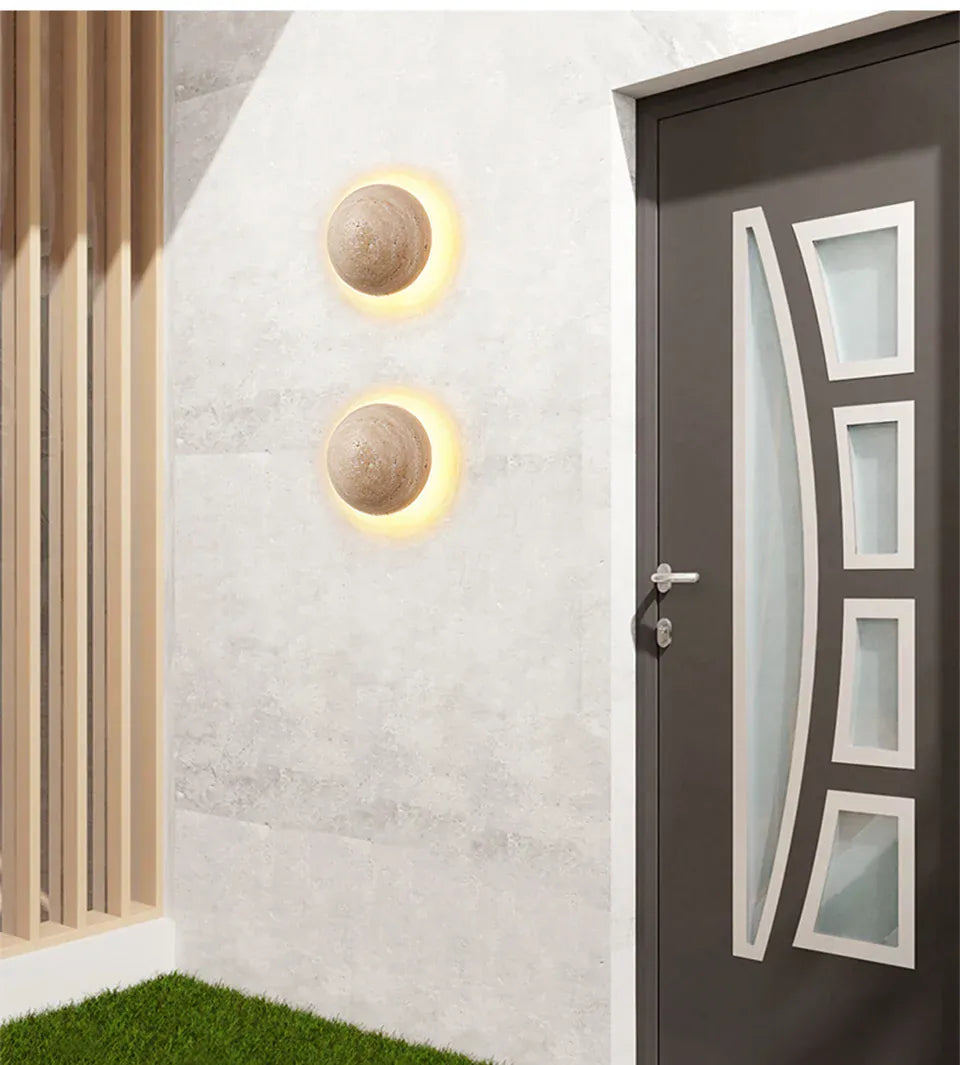 Verthara Premium Round Travertine Stone Outdoor Wall Light Warm white