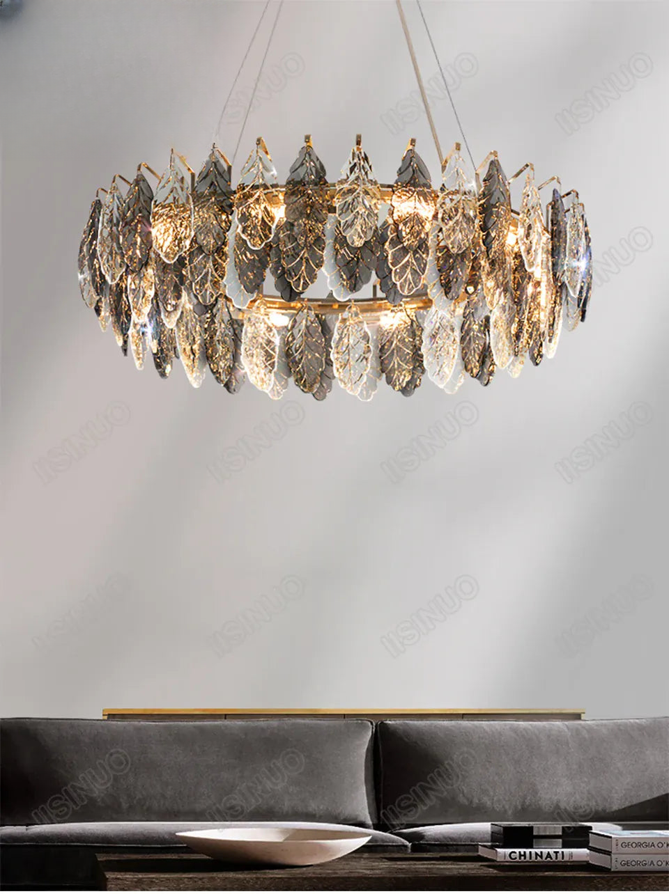Verthara Premium Smoky Grey Crystal Round Pendant Chandelier
