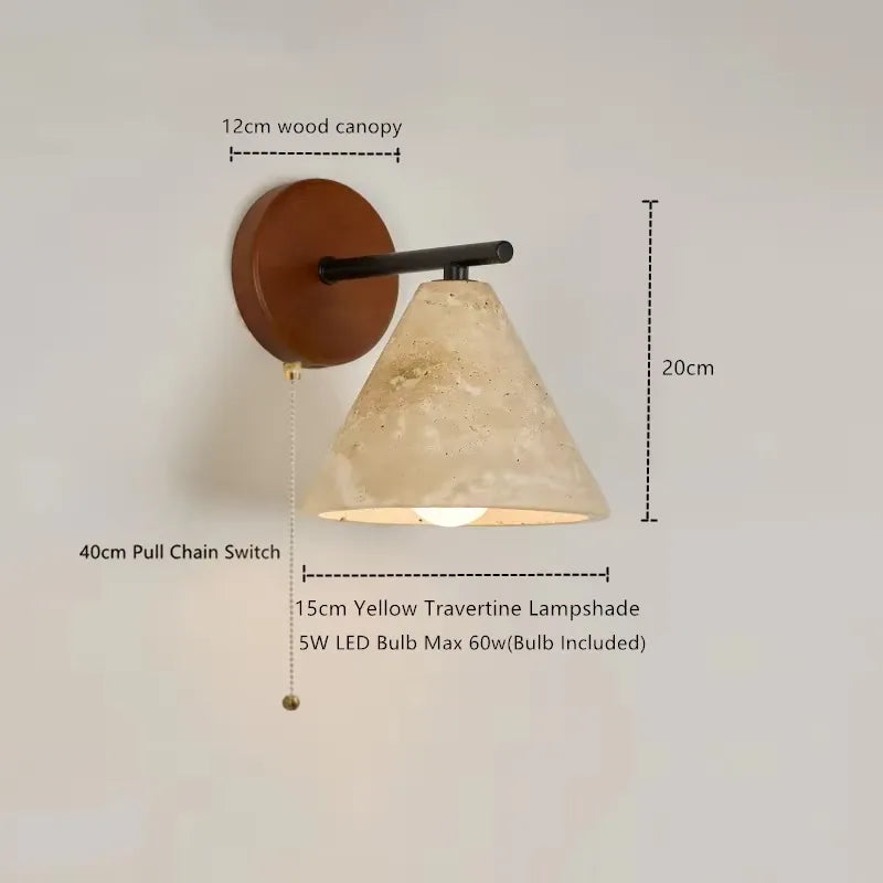Verthara Premium Travertine Stone Bedside Wall Light Pull Chain Switch / Cool white