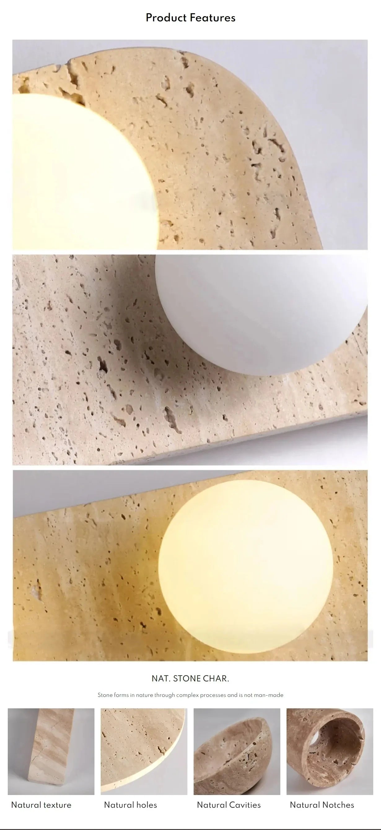 Verthara Premium Travertine Stone & White Glass Wall Light
