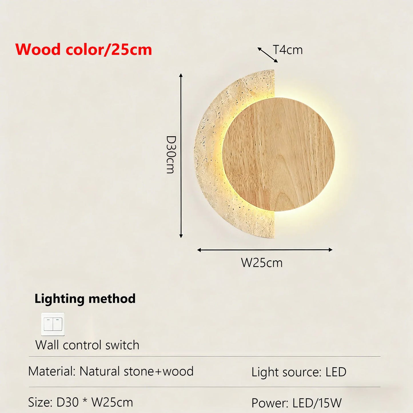 Verthara Premium Travertine Stone & Wood LED Wall Light Wood color 25cm
