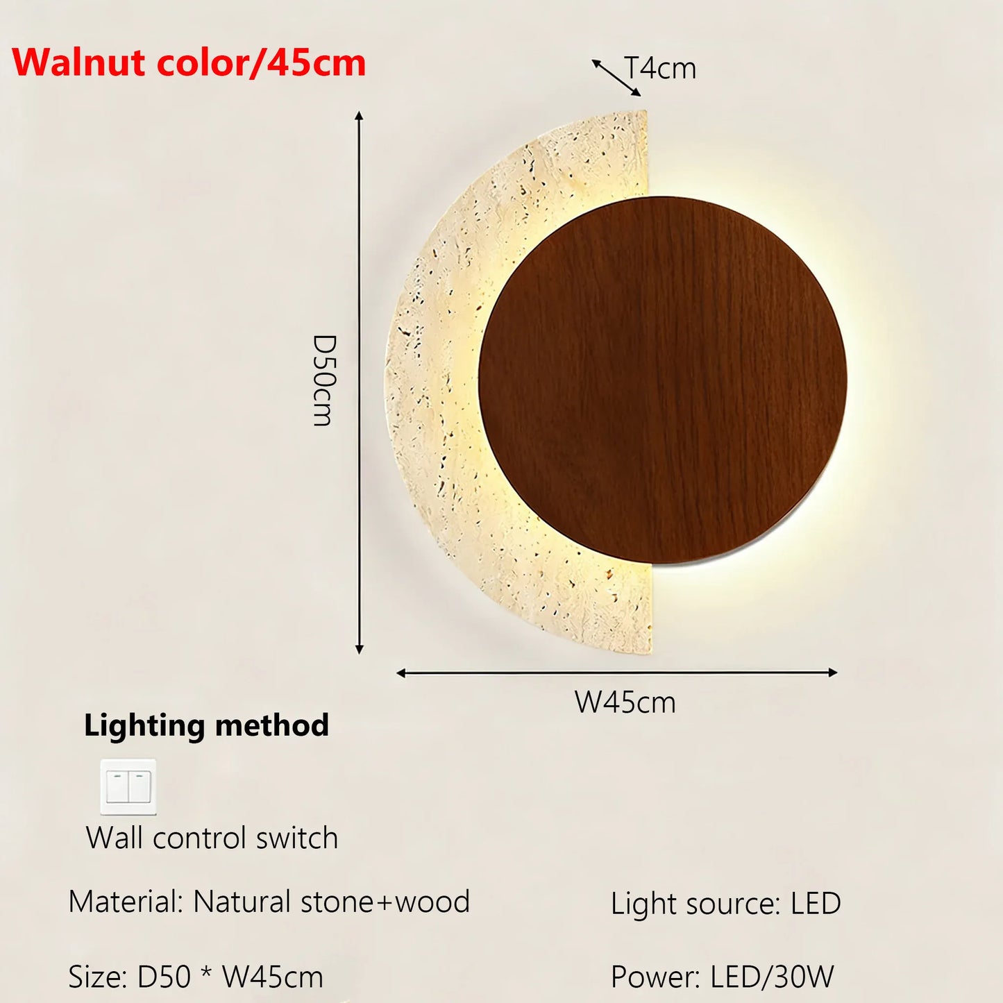 Verthara Premium Travertine Stone & Wood LED Wall Light Walnut color 45cm