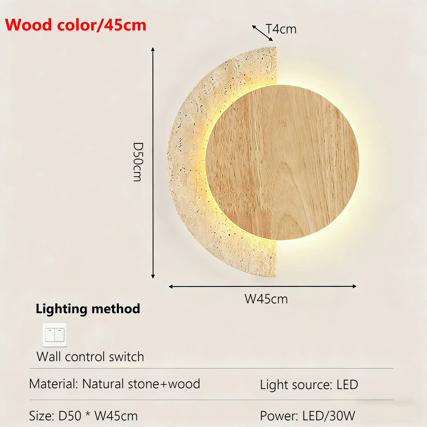 Verthara Premium Travertine Stone & Wood LED Wall Light Wood color 45cm