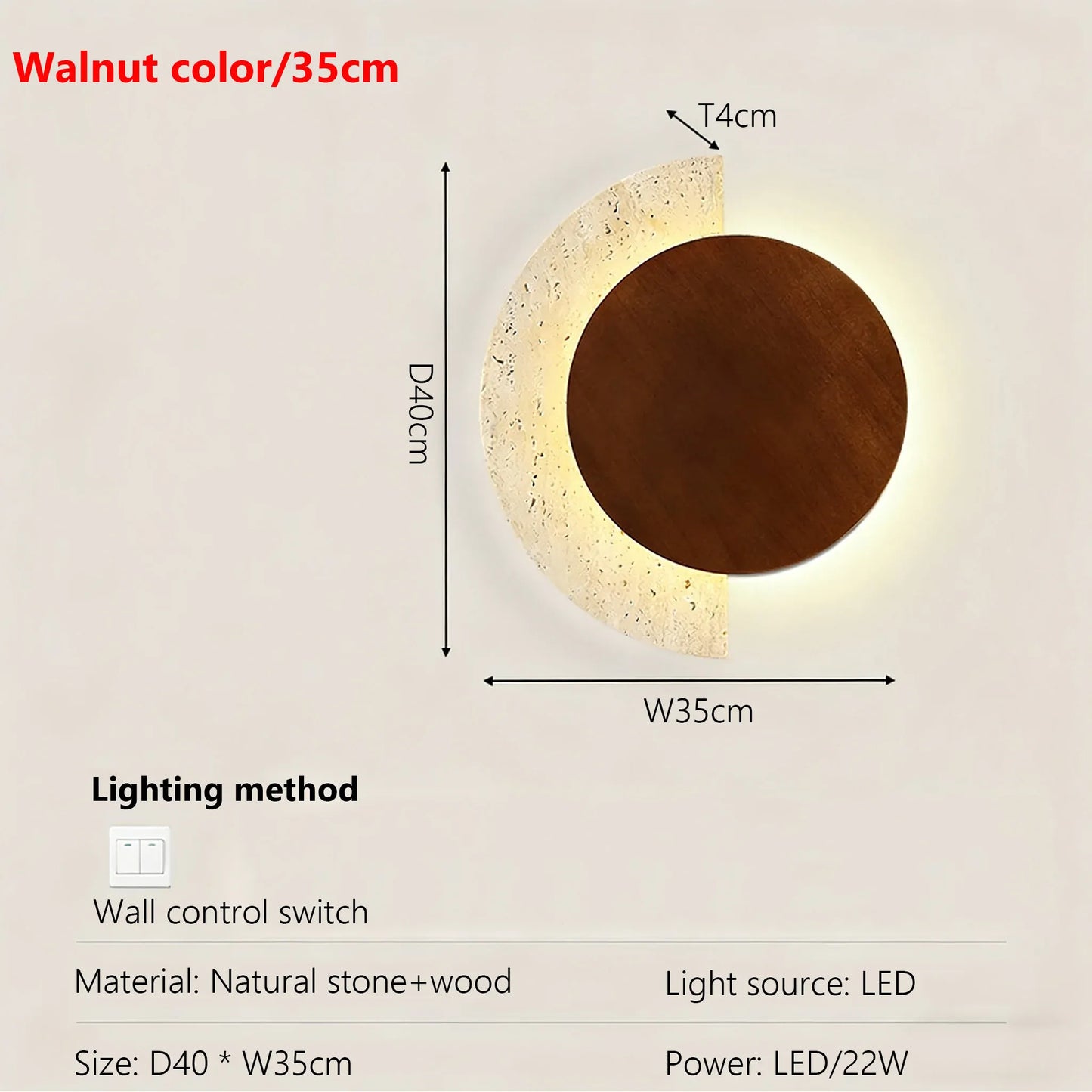 Verthara Premium Travertine Stone & Wood LED Wall Light Walnut color 35cm