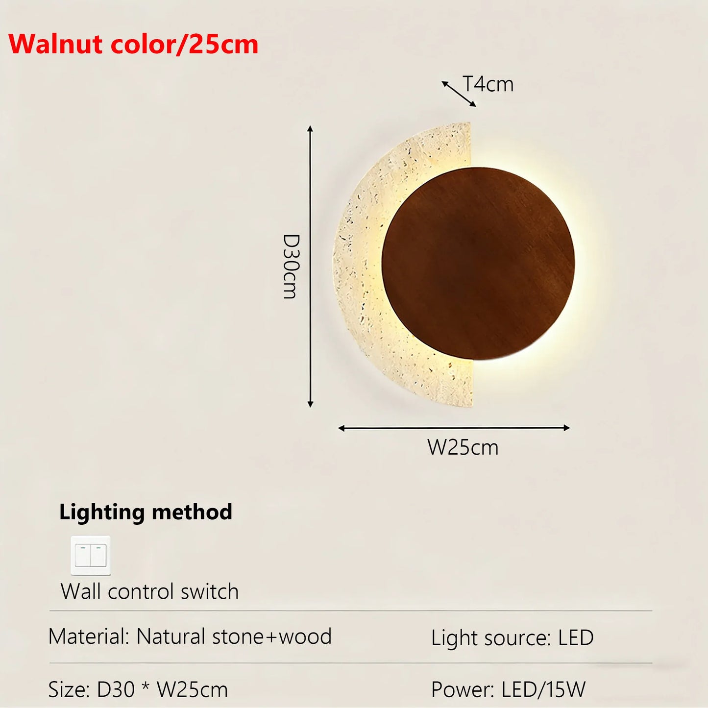Verthara Premium Travertine Stone & Wood LED Wall Light Walnut color 25cm