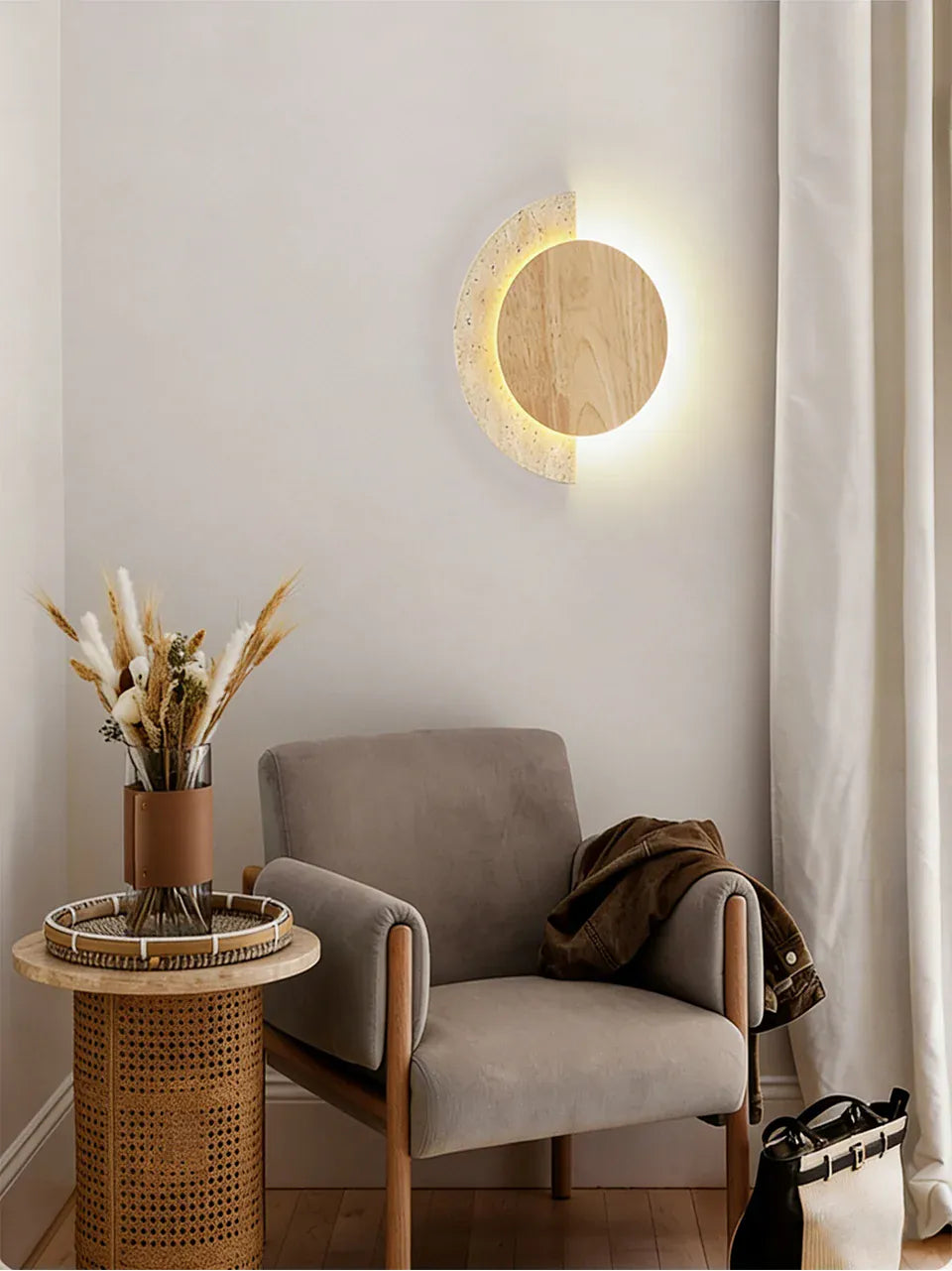 Verthara Premium Travertine Stone & Wood LED Wall Light
