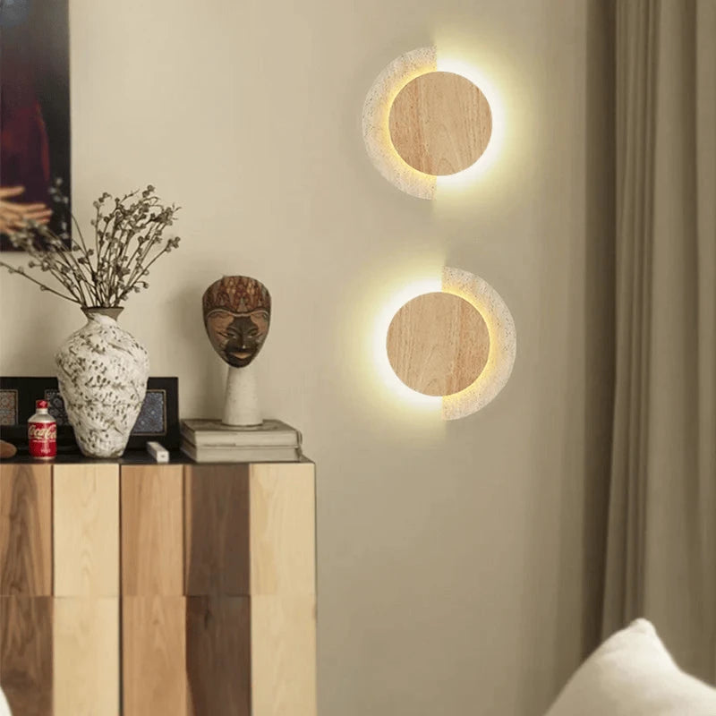 Verthara Premium Travertine Stone & Wood LED Wall Light