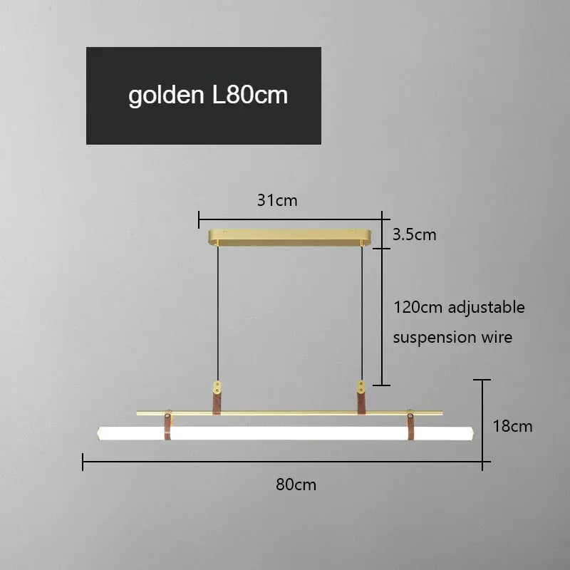 Verthara Premium Vintage Linear Leather-Trim Chandelier Gold-80cm