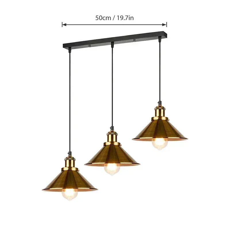 Verthara Premium Vintage Pendant Light - Three-Head Design - E27 Lamp Holder - Gold/Black Finish - Retro Style - Ideal For Dining Room