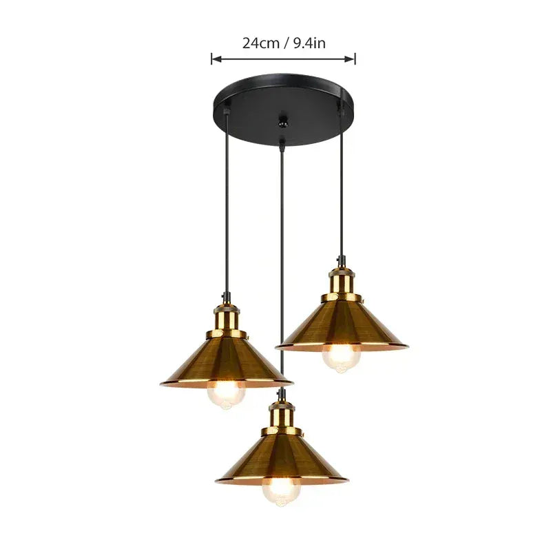 Verthara Premium Vintage Pendant Light - Three-Head Design - E27 Lamp Holder - Gold/Black Finish - Retro Style - Ideal For Dining Room