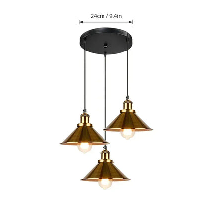 Verthara Premium Vintage Pendant Light - Three-Head Design - E27 Lamp Holder - Gold/Black Finish - Retro Style - Ideal For Dining Room