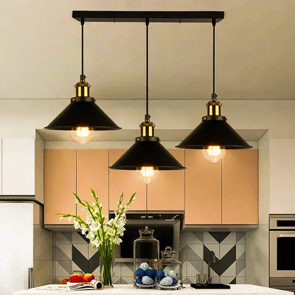 Verthara Premium Vintage Pendant Light - Three-Head Design - E27 Lamp Holder - Gold/Black Finish - Retro Style - Ideal For Dining Room Black-3 head Rect / 26CM