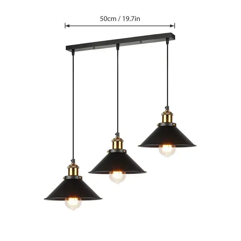 Verthara Premium Vintage Three-Head Industrial Pendant Light Black-3 head Rect / 22CM