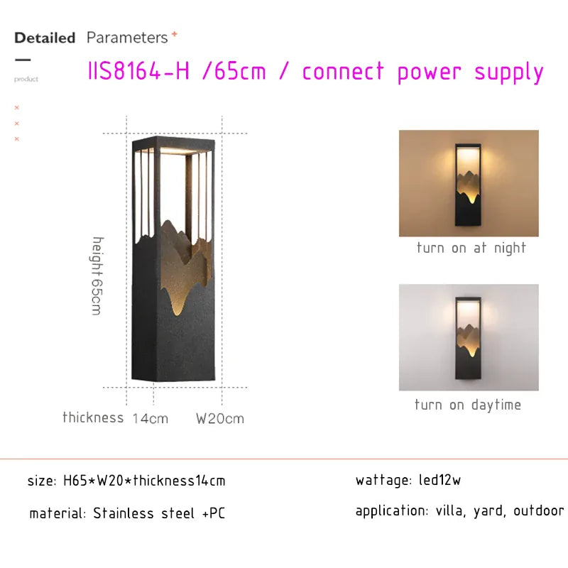 Verthara Premium Waterproof Garden Porch Wall Light H65cm power supply