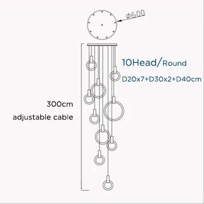 Verthara Premium Wooden Ring Staircase Chandelier 10 heads-round / Cool white 6000K