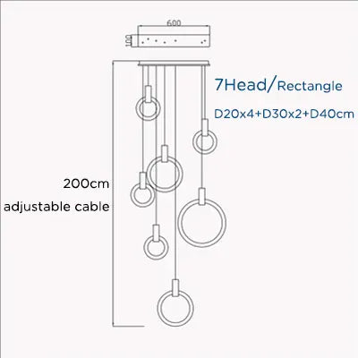 Verthara Premium Wooden Ring Staircase Chandelier 7 heads-rectangle / Cool white 6000K