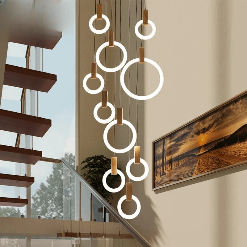 Verthara Premium Wooden Ring Staircase Chandelier 13 heads-rectangle / Cool white 6000K