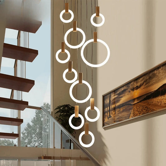 Verthara Premium Wooden Ring Staircase Chandelier 13 heads-rectangle / Cool white 6000K