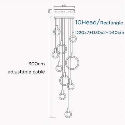Verthara Premium Wooden Ring Staircase Chandelier 10 heads-rectangle / Cool white 6000K