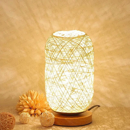 Verthara Rattan Twine Ball Table Lamp with Wooden Base – Warm White Bedside or Desk Lamp for Living Room and Bedroom Warm White / Beige