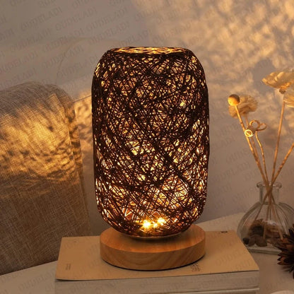 Verthara Rattan Twine Ball Table Lamp with Wooden Base – Warm White Bedside or Desk Lamp for Living Room and Bedroom