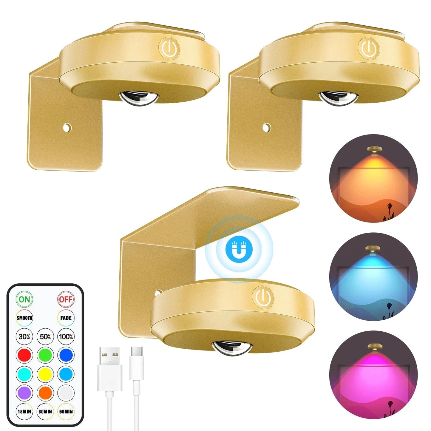 Verthara Rechargeable LED Puck Lights With Magnetic Mount – RGB Colour Temperature - Adjustable Brightness - Indoor Art Lighting - Remote Control RGB Light--Gold