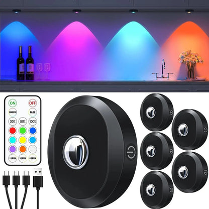 Verthara Rechargeable Puck Lights with Remote Control – Adjustable Color Temperature, Timer, and Magnetic Design for Wall and Cabinet Lighting RGB Light 6PCS
