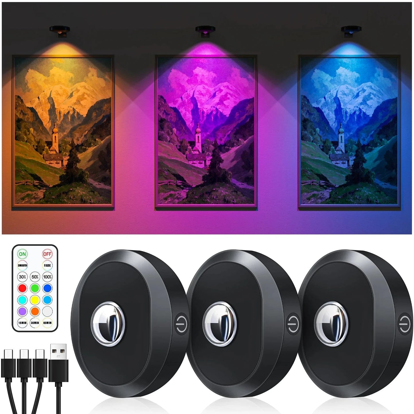 Verthara Rechargeable Puck Lights with Remote Control – Adjustable Color Temperature, Timer, and Magnetic Design for Wall and Cabinet Lighting RGB Light 3PCS