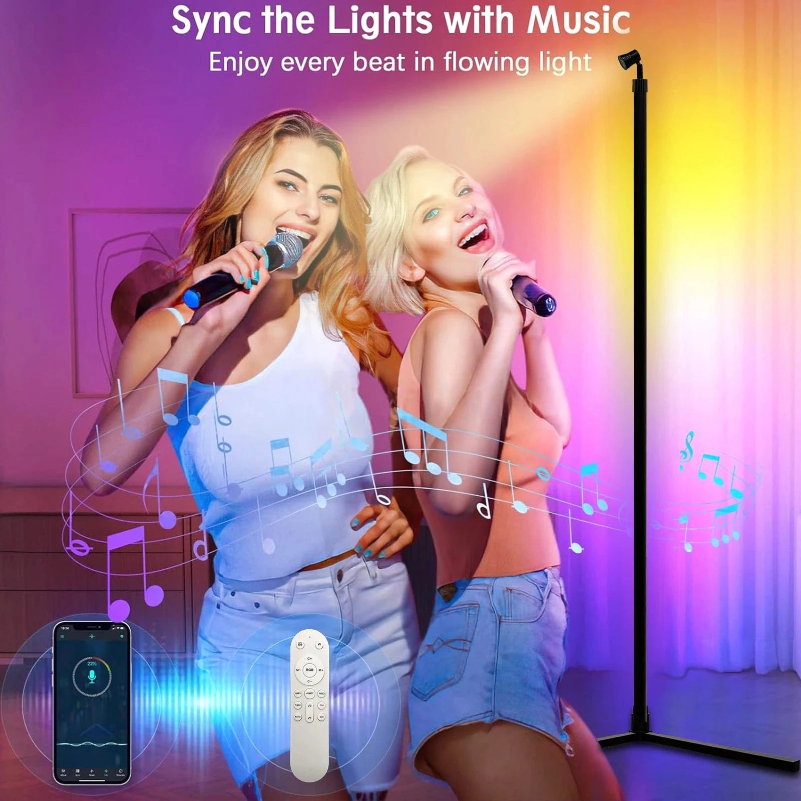 Verthara Smart RGB LED Floor Lamp with Dimmable Functionality for Living Room and Gaming Room - 16 Million Colors, Music Sync, Energy Efficient