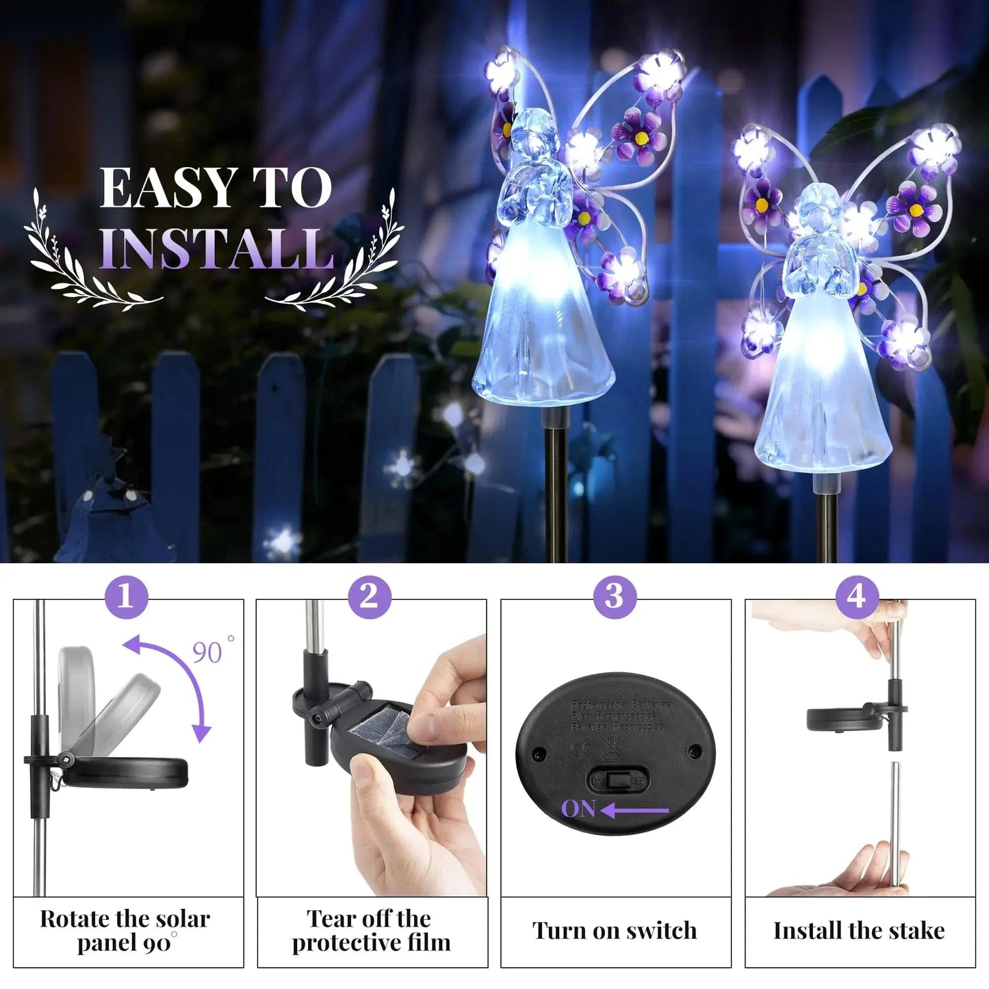 Verthara Solar LED Garden Light - Angel Design - Waterproof - Outdoor Decorative - Automatic On/Off - Durable Stainless Steel
