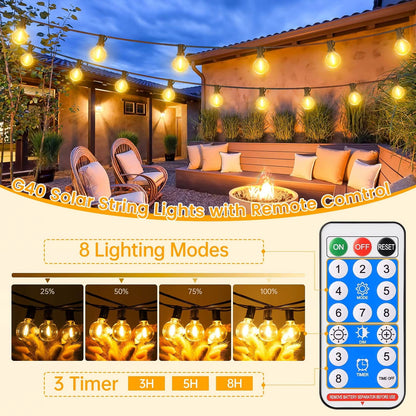 Verthara Solar LED String Lights – 20m - G40 Bulbs - Waterproof - Dimmable - USB & Solar Charging - 8 Lighting Modes - Ideal For Outdoor Decoration Default