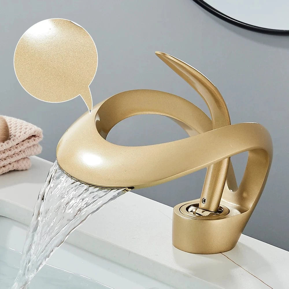 Verthara Solid Brass Waterfall Bathroom Faucet with Single Handle Mixer – Hot and Cold Water Basin Tap Matte Gold-f