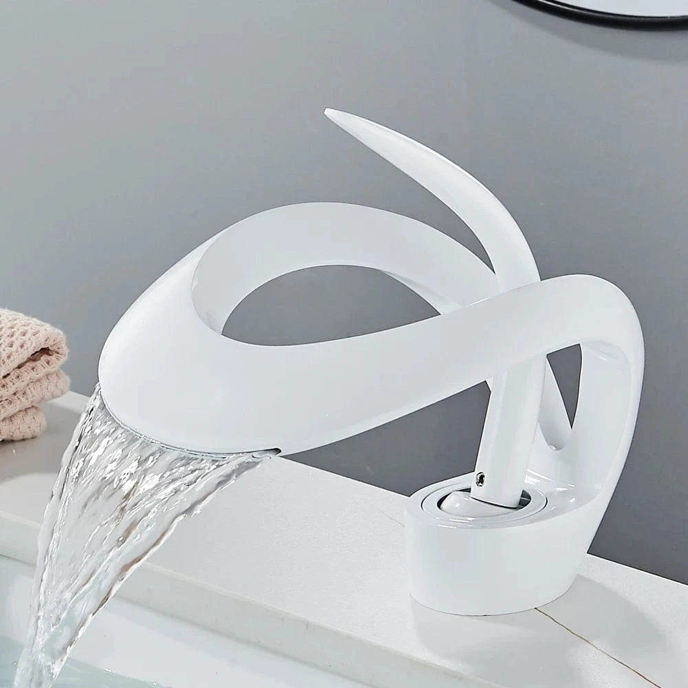 Verthara Solid Brass Waterfall Bathroom Faucet with Single Handle Mixer – Hot and Cold Water Basin Tap White Color-e