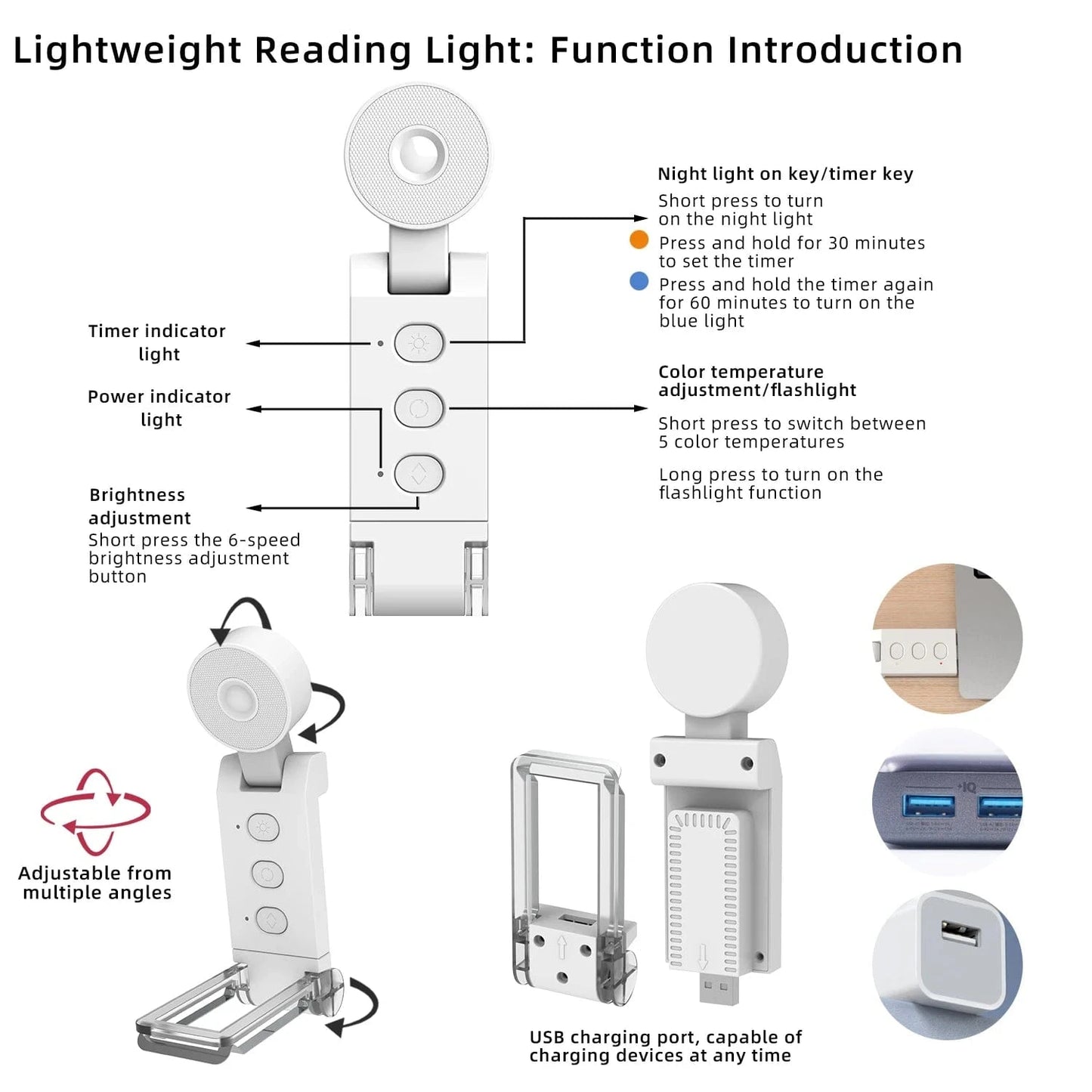 Verthara USB Rechargeable Clip-On Book Light with Adjustable Brightness – Portable LED Reading Lamp for Eye Protection and Comfort