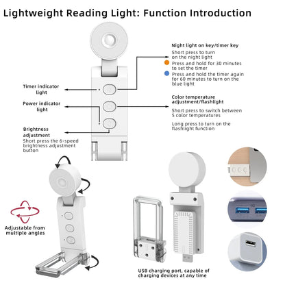 Verthara USB Rechargeable Clip-On Book Light with Adjustable Brightness – Portable LED Reading Lamp for Eye Protection and Comfort