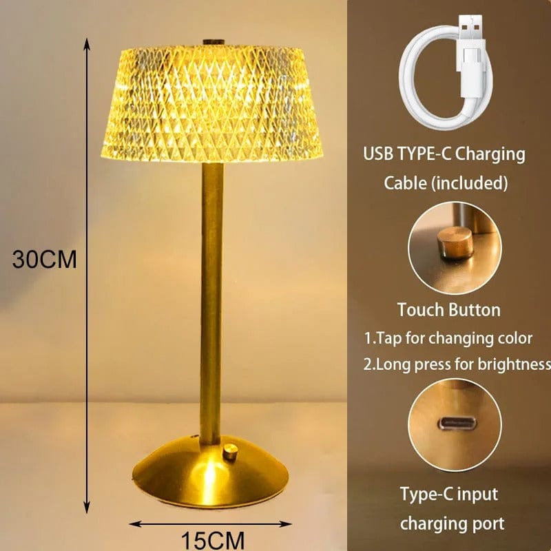 Verthara USB Rechargeable LED Table Lamp – Cordless - Dimmable - Crystal Design - Adjustable Brightness - Ideal For Bedroom - Office - Events