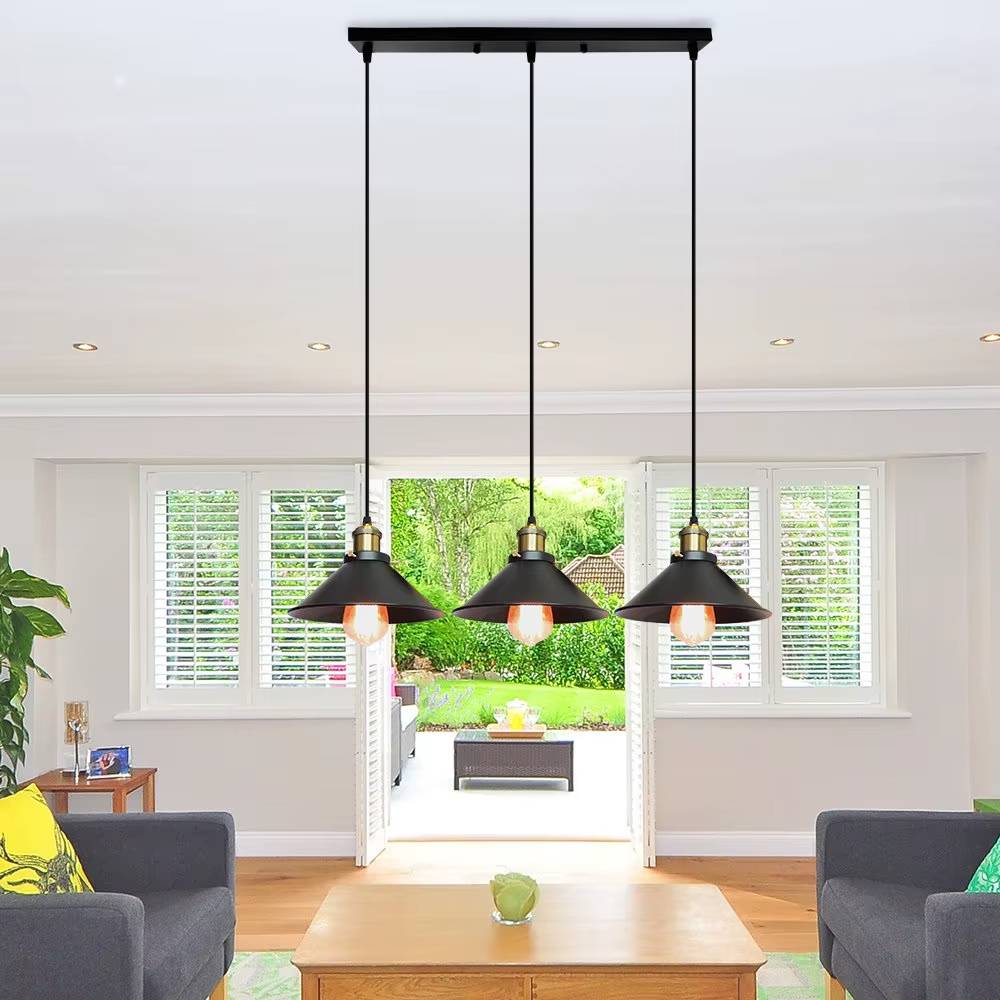 Verthara Vintage Industrial Black Pendant Light with E27 Base – Adjustable Height Hanging Light for Living Room and Dining Room 3SB / No Bulb