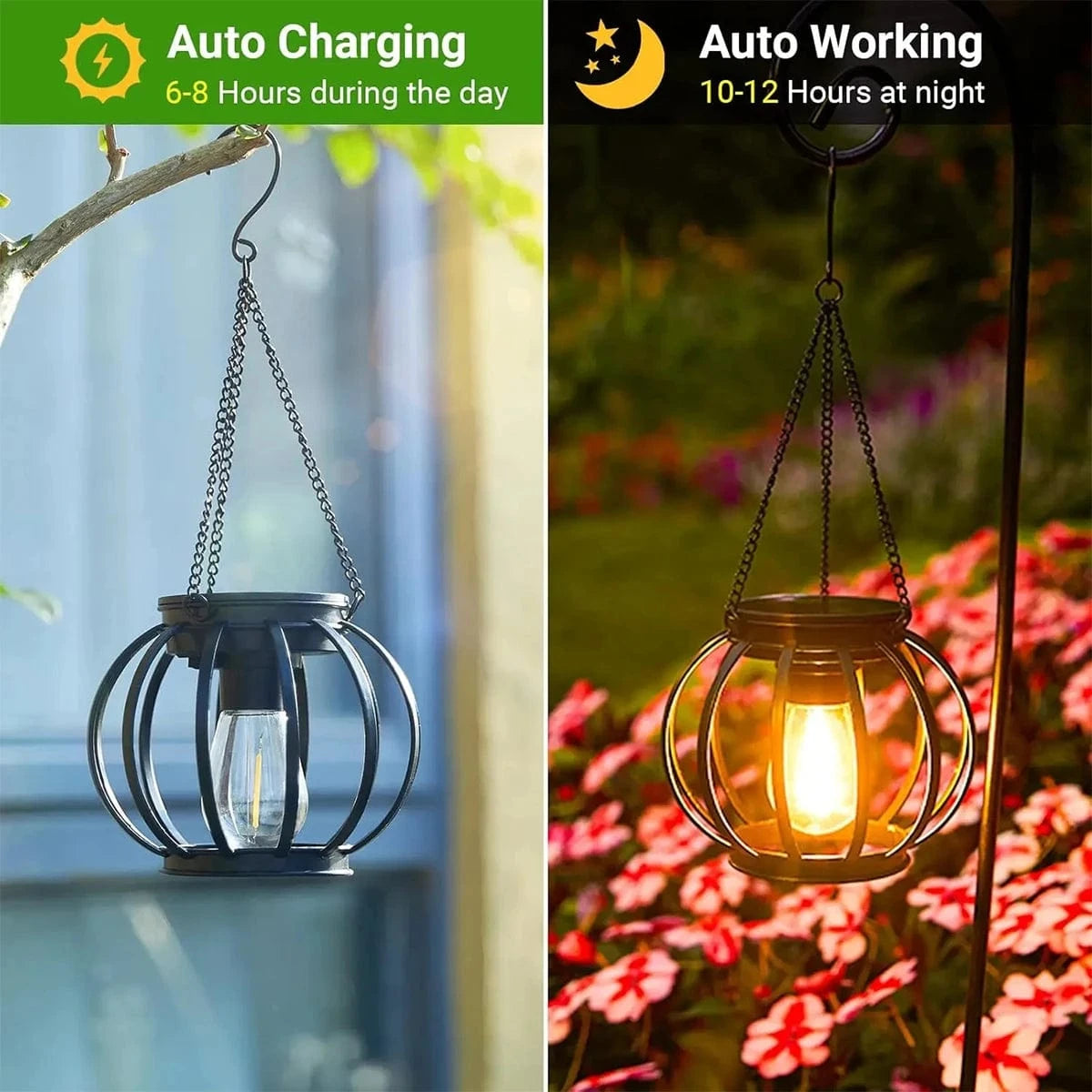 Verthara Waterproof Solar Lantern with Daylight Sensor – Hanging Outdoor Solar Lights for Garden, 3000K Warm White Iron Art Decor
