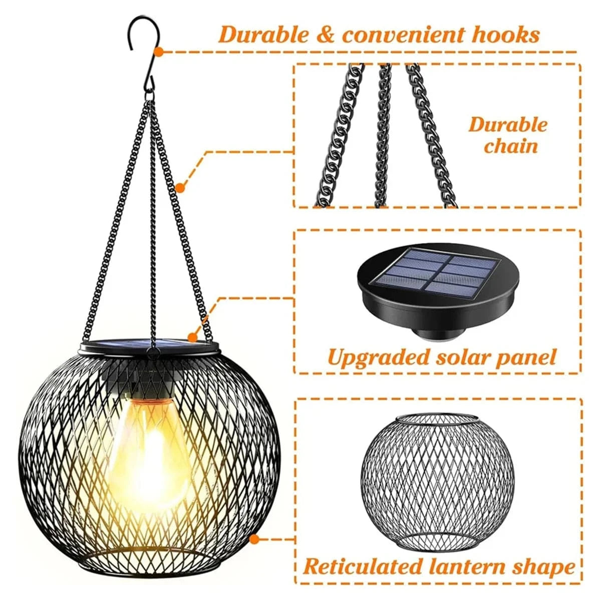 Verthara Waterproof Solar Lantern with Daylight Sensor – Hanging Outdoor Solar Lights for Garden, 3000K Warm White Iron Art Decor